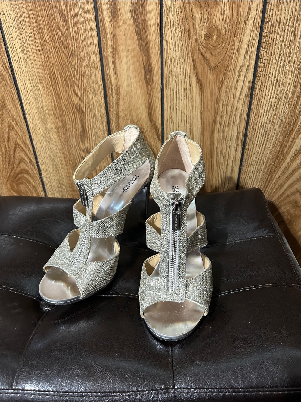 Michael Kors Glitter Gold Strappy High Heel Sandals with Front Zip